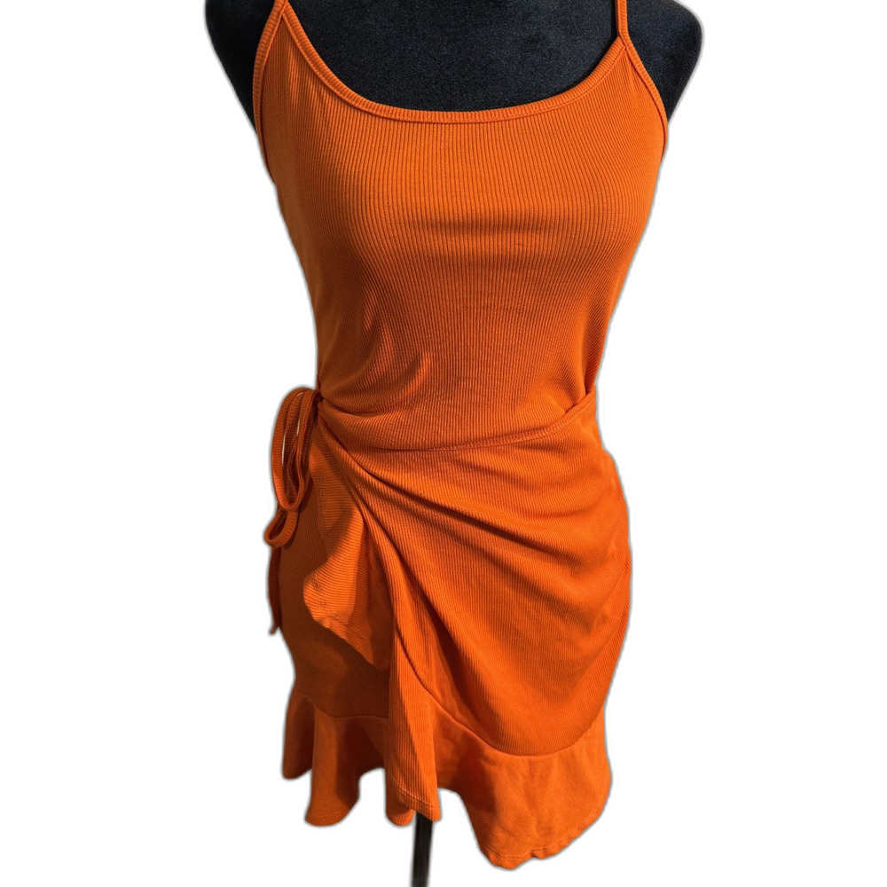 Orange Ribbed Tie-Side Mini Dress — Ruffle Hem, Spaghetti Straps, Size S